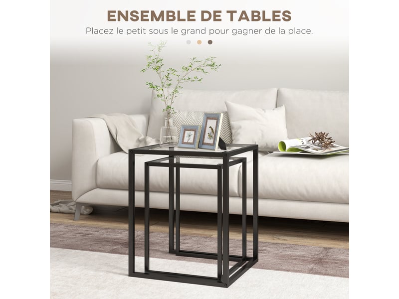  Lot de 2 tables basse gigogne, tables d'appoint empilable, plateau verre trempé cadre acier, noir, patins antidérapants  - Conforama D