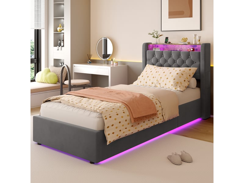 Lit coffre 90x190 cm avec tiroirs de rangement et prise - revêtement en velours gris foncé, structure métal et bois - Conforama D