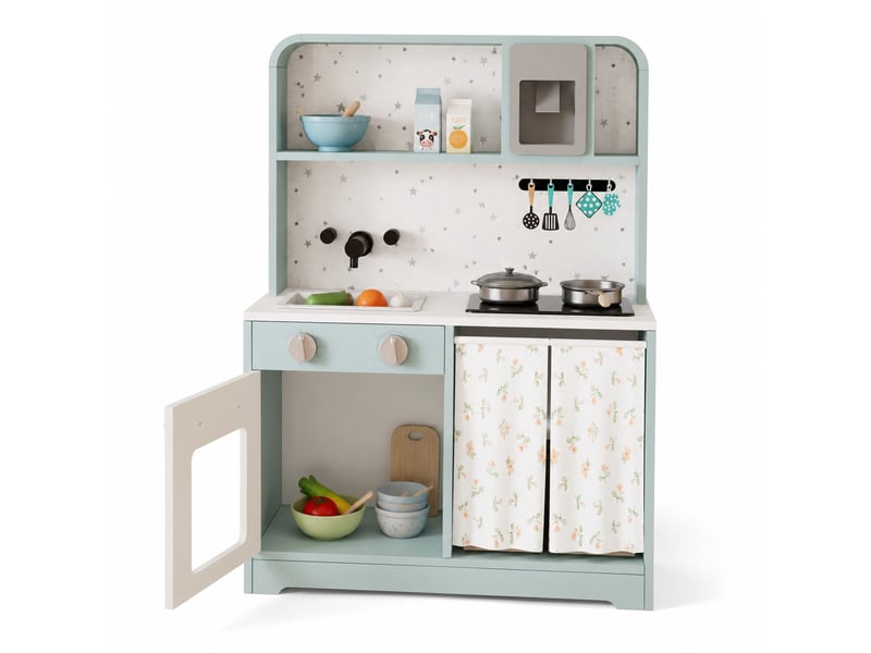 Cuisine enfant bleue en bois et plastique avec micro-ondes, accessoires et effets interactifs dès 3 ans - Conforama A