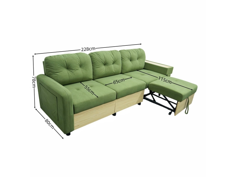 Canapé d'angle 3 places, méridienne, port usb, rangement, accoudoir plateau bois, velours vert, sans montage DA001-SOFA-GREEN-L - Conforama C