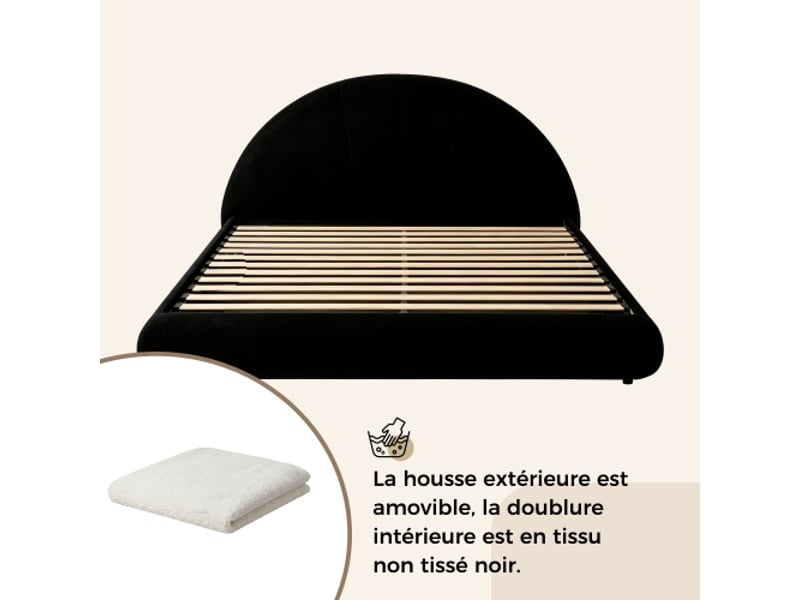 Lit capitonné 160x200 cm avec coffre à levage hydraulique, sommier à lattes, tête de lit blanche bouclée - Conforama E