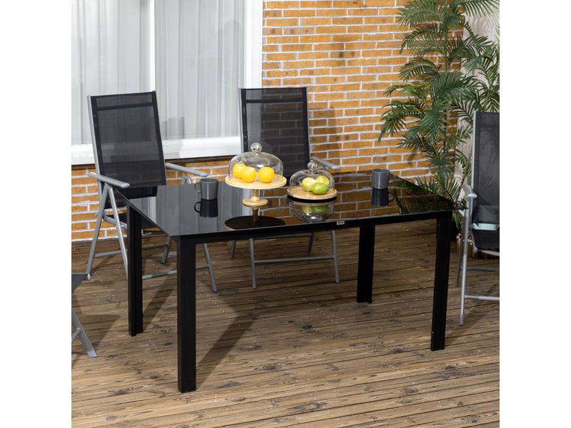 Table de jardin pour 6 personnes, résistante aux intempéries, plateau en verre trempé, table de terrasse, 150 cm x 90 cm x 74 cm, noire - Conforama C
