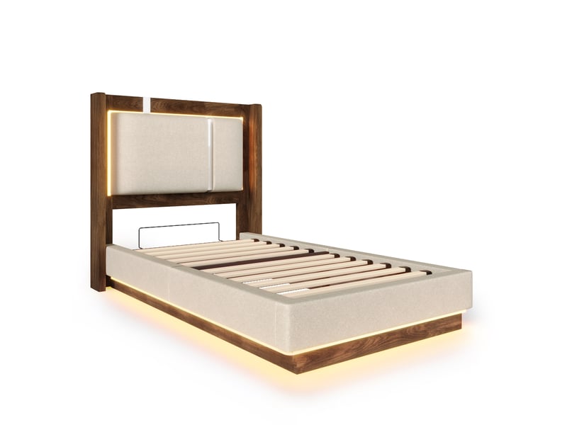  Lit coffre 90x200cm, rangement hydraulique, led, sommier à lattes, lin beige, sans matelas C-DEGAYUN - Conforama A