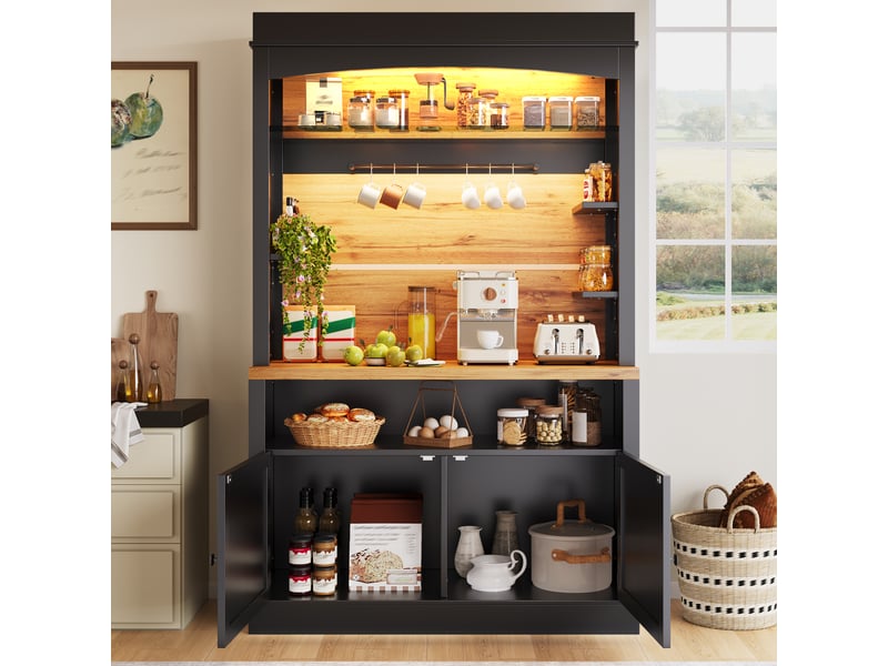  2pcs buffet de cuisine - buffet haut double avec led et étagères ouvertes - rangement avec portes support tasses 107x43x184cm- noir  - Conforama B