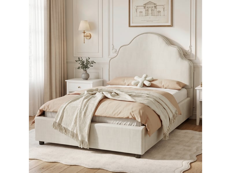  Lit simple 90x200 cm, lit enfant, tête de lit rembourrée, lin beige  - Conforama A