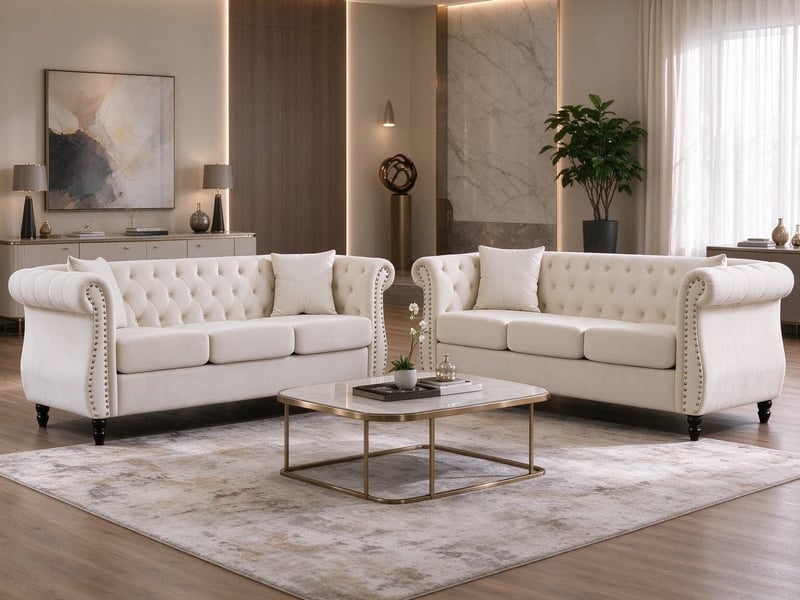  Canapé droit de style chesterfield en velours, pieds en bois d'hévéa en forme de bouteille, capitonnage à boutons, 6 places, 76 x 73,6 x 203 cm, beige  - Conforama B