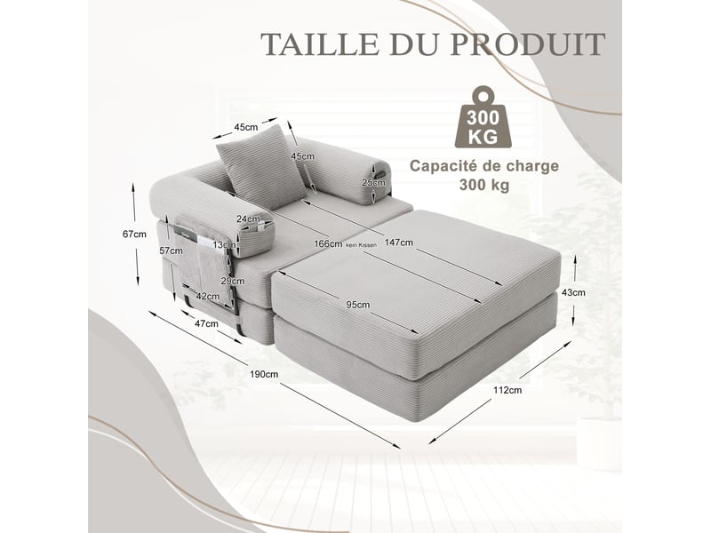 Fauteuil modulable modenvie 1 place avec pouf en velours côtelé gris clair 112 x 190 x 67 cm - Conforama C