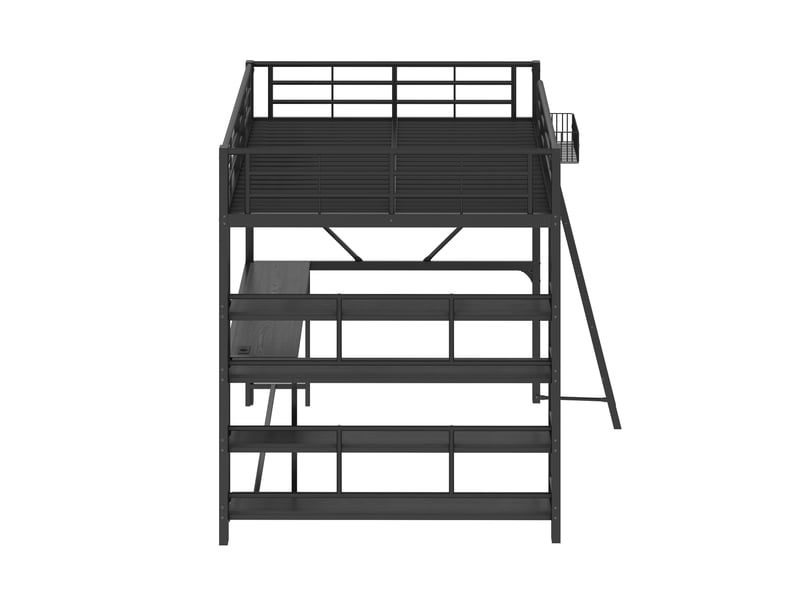  Lit mezzanine double 140×200 cm avec bureau, led et usb - okmyhome- étagères, sans matelas, métal noir  - Conforama E