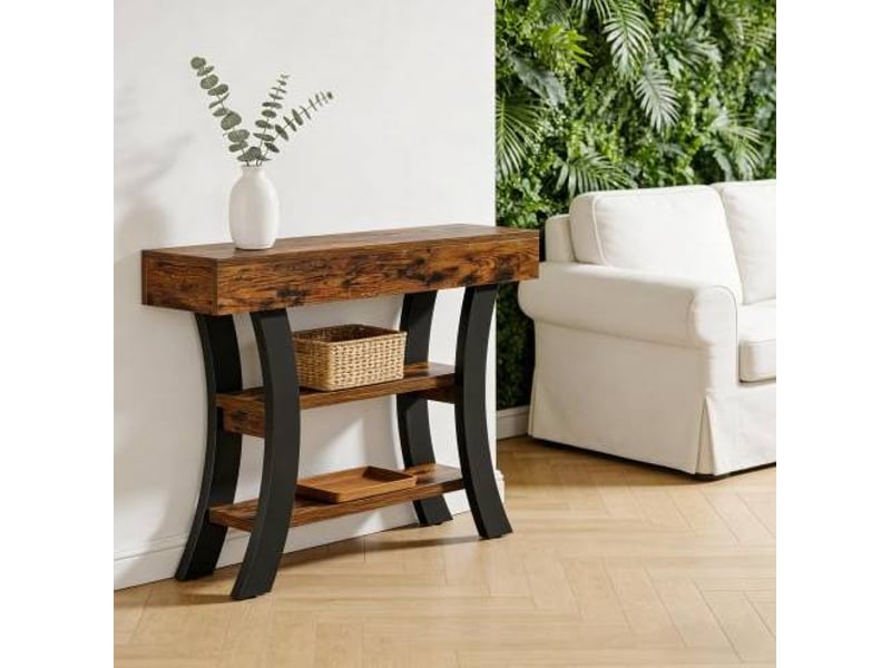  Table console 105x30x80 cm avec rangements ouverts mdf métal noir et marron rustique  - Conforama E