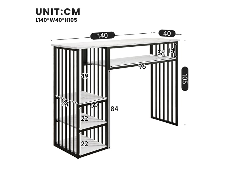 Table de bar,140x40x105 cm,avec étagères,mdf,effet marbre blanc et noir - Conforama C