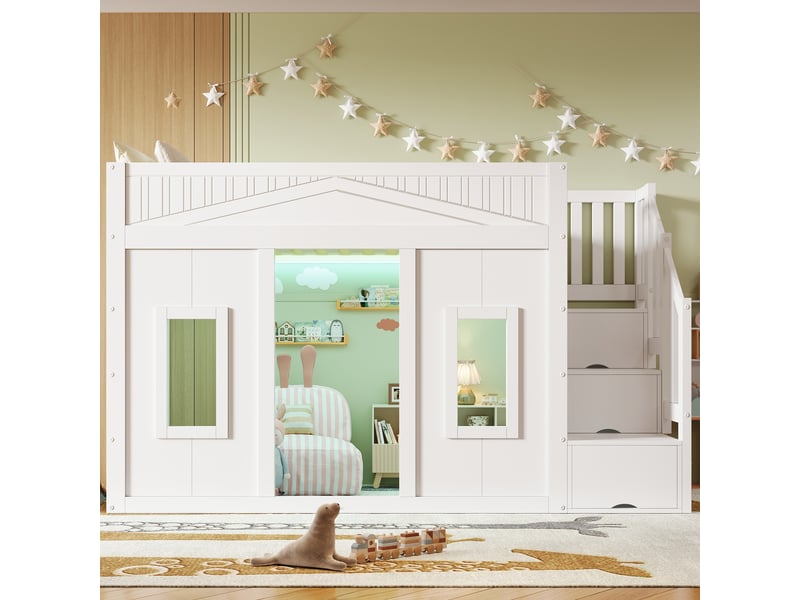 Lit mezzanine - 90x200 cm - escalier avec rangement - rangements intégrés - lit enfant - solution gain de place - pratique - blanc CozyNest - Conforama C