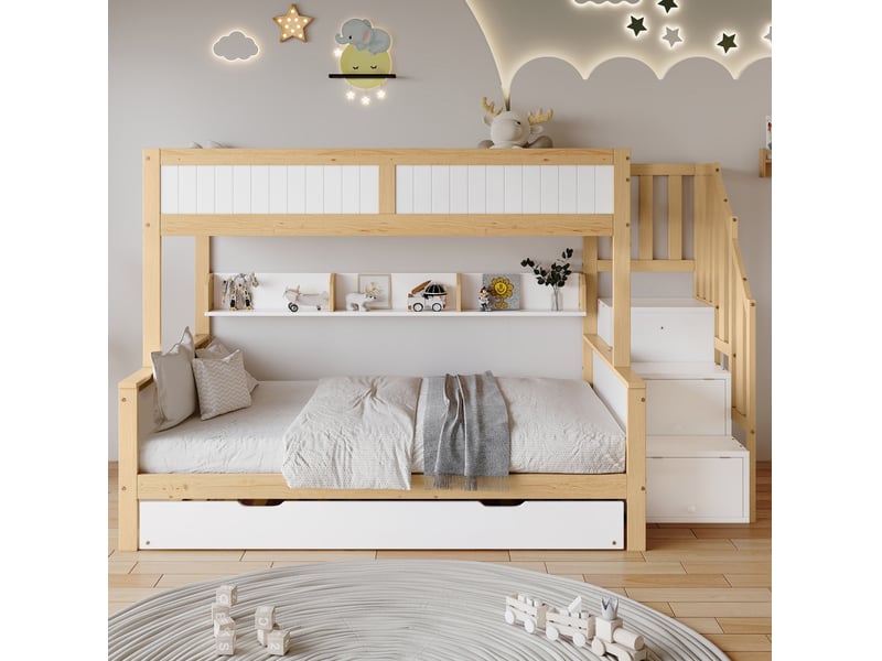  Lit superposé enfant 90x200 et 120x200 cm avec lit gigogne, blanc et naturel  - Conforama B