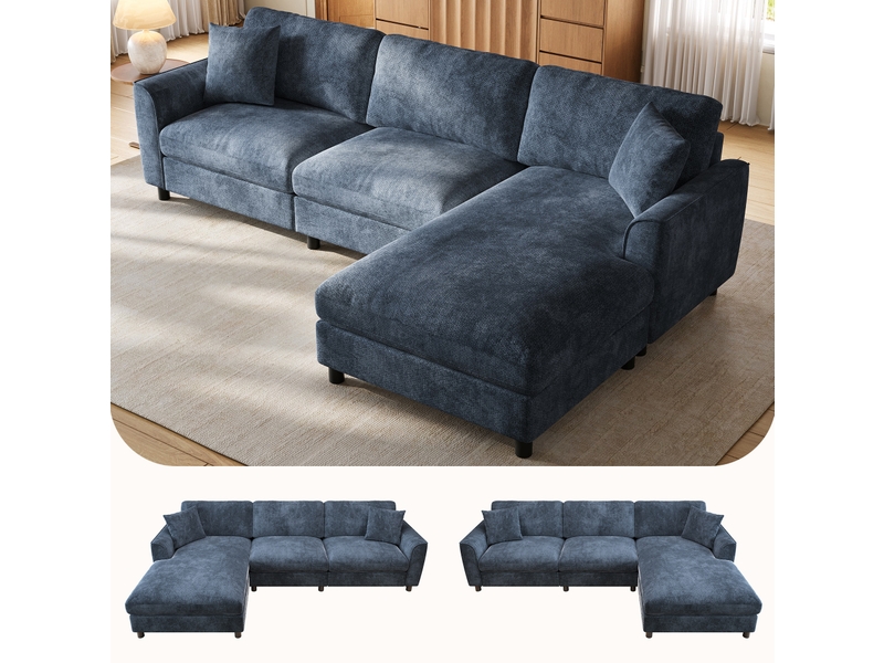 Canapé d'angle 3 places avec méridienne réversible, en chenille bleu marine - Conforama D