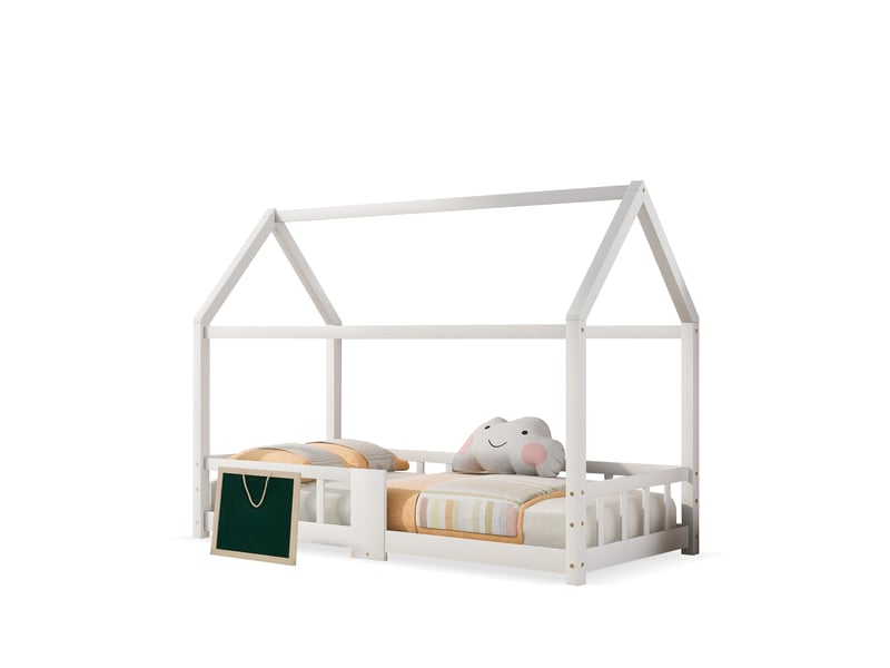 Lit cabane enfant 90x200cm avec tableau noir, sommier à lattes, ludique, pin, blanc, sans matelas - Conforama A