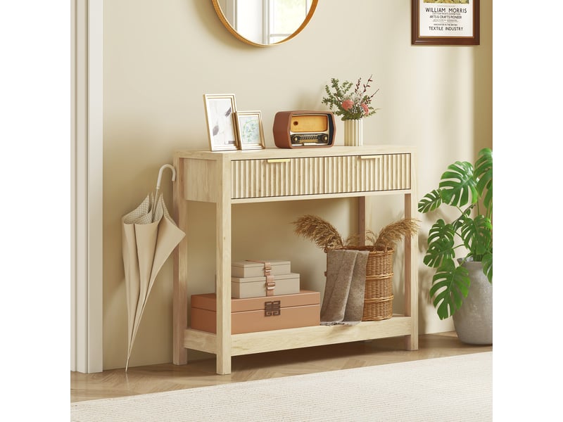  Console meuble 90 cm, table console étroite avec 2 tiroirs rainurés et étagère, style moderne, bois naturel  - Conforama D