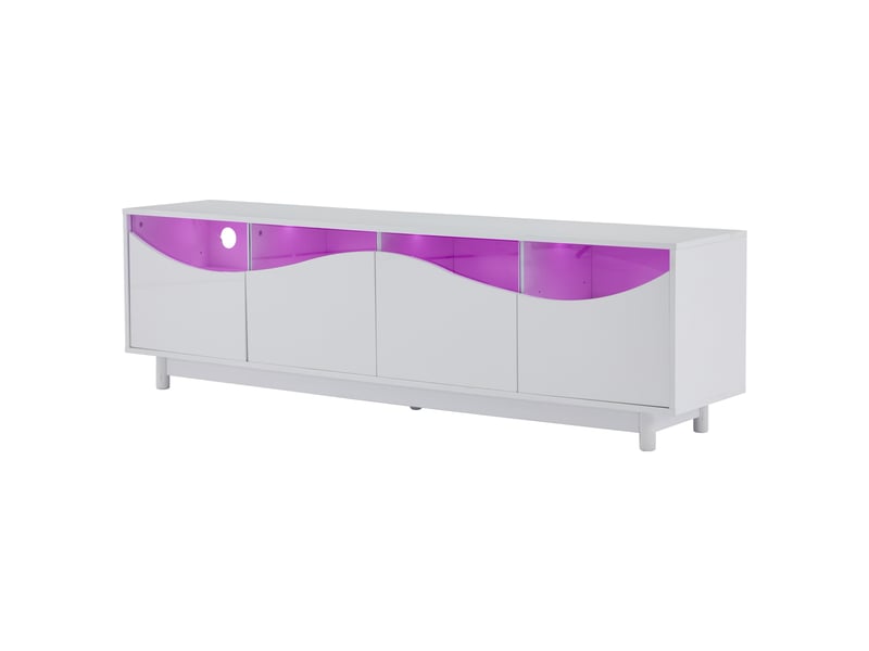  Meuble tv blanc laqué 175 cm avec led bluetooth, design incurvé et portes en verre trempé, pour écran jusqu'à 70 pouces  - Conforama E