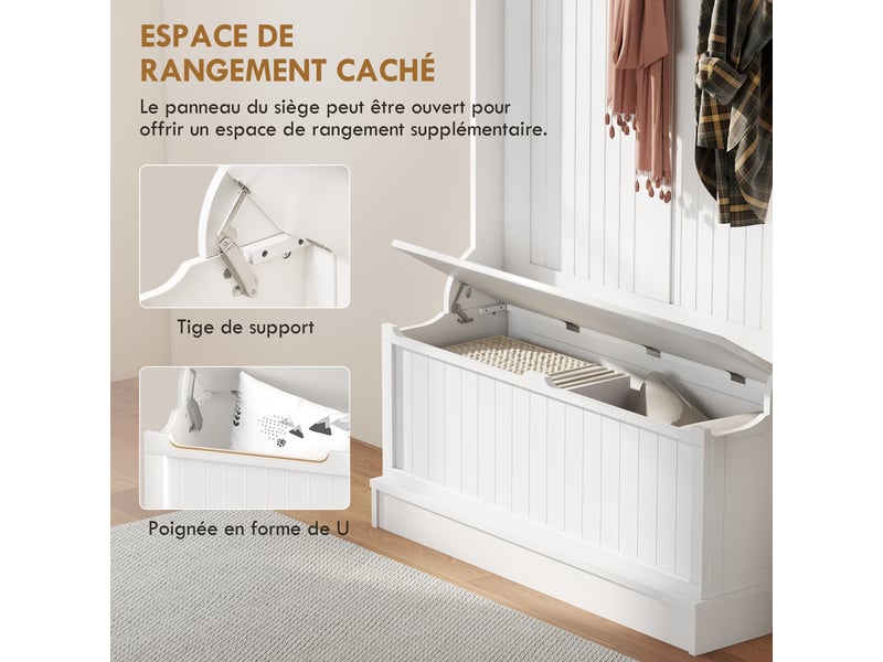 Meuble d'entrée avec banc porte manteaux 3 en 1 5 crochets banc de rangement pour salon couloir crème 96 x 34 x 179,7 cm - Conforama R