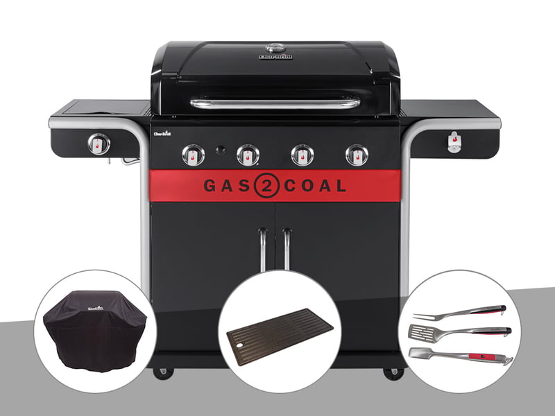 Barbecue à gaz et à charbon gas2coal 2.0 4b + housse de protection + plancha + kit 3 ustensiles - char-broil - Conforama A