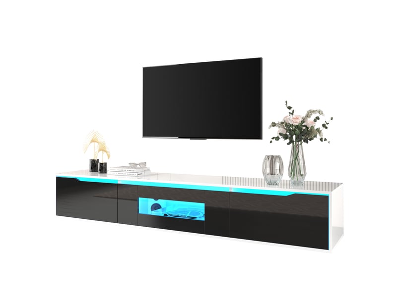  Meuble tv led - 3 compartiments - finition hautement brillante à l’avant - mdf - 180 x 30 x 35 cm - noir et blanc  - Conforama A