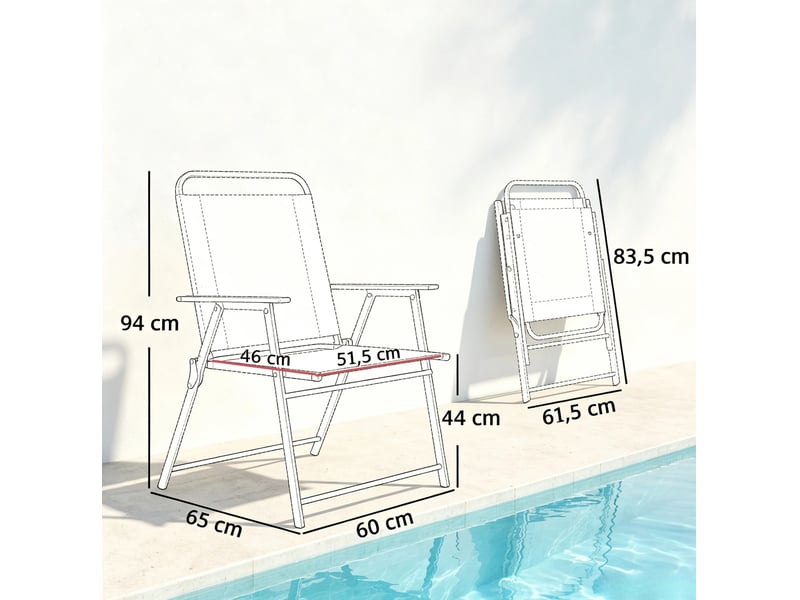  Chaise de jardin pliante 65x60x94 cm dossier haut avec accoudoirs métal noir lot de 4  - Conforama C