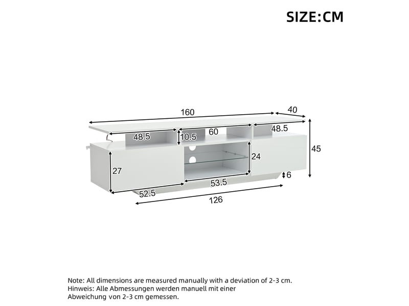 Meuble tv blanc laqué 160x40x45 cm avec led, 2 armoires et 8 étagères – design moderne, support tv jusqu’à 70 pouces - Conforama C