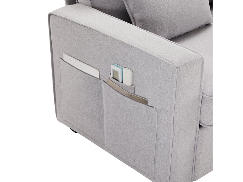 Canapé droit 264x83x87cm, canapé de style simple avec poches d'accoudoirs et 4 coussins, 4 place, tissu lin gris clair - Conforama E