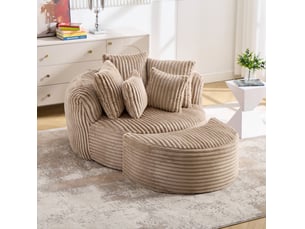 Fauteuil rond 168×123×63 cm en chenille avec repose-pieds camel et marron chicfurn