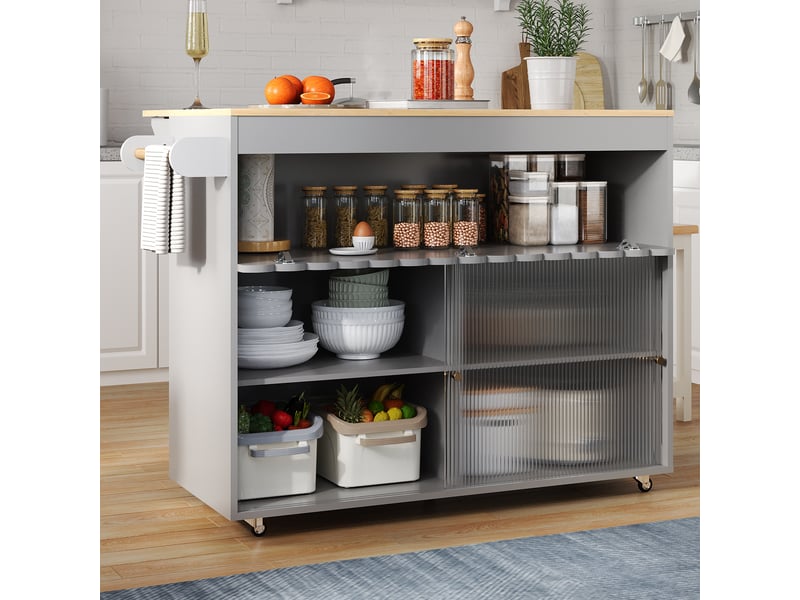  Îlot de cuisine roulant gris 122 x 46 x 91 cm – avec plan de travail rabattable imitation chêne, portes coulissantes en verre, 5 roulettes dont 2 freinées TG Store - Conforama B