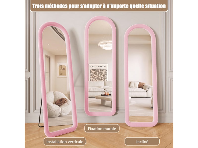 Miroir sur pied 160x50 cm rose,miroir décoratif ,grand miroir mural avec cadre en flanelle,verre trempé,arqué - Conforama W