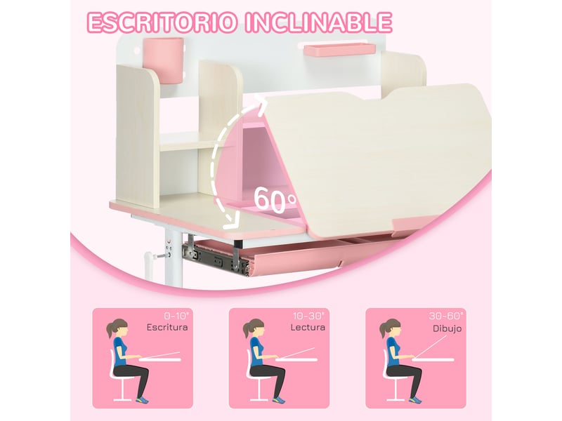 Ensemble bureau et chaise enfant réglables, plateau inclinable 60°, rose et blanc 80 x 52 x 88-109 cm - Conforama W