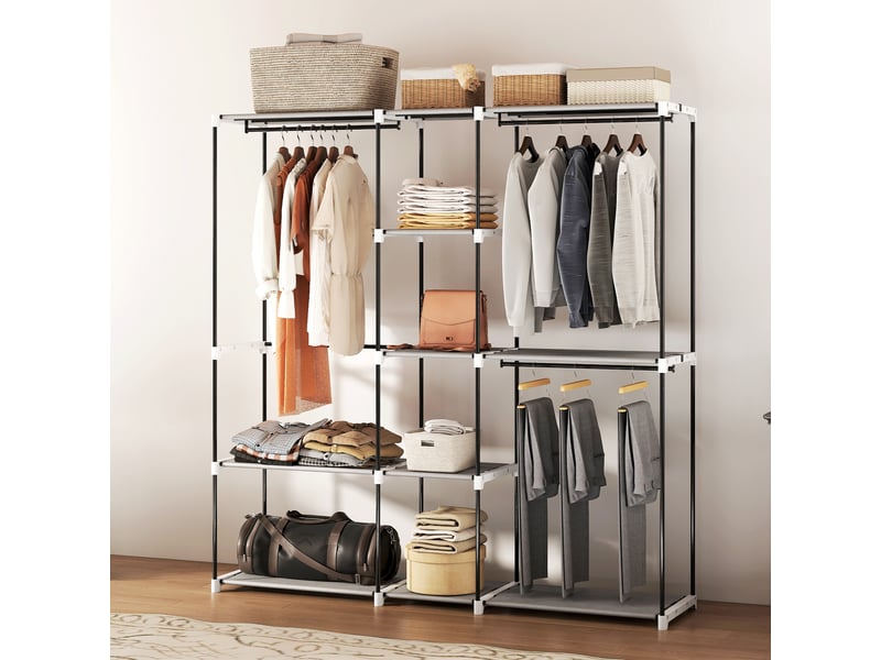  Armoire 182 x 43 x 185 cm, armoire ouverte avec 8 étagères en tissu, tringles à vêtements, structure en métal gris clair  - Conforama D