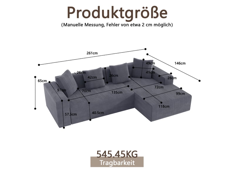  Canapé d'angle modulable 3 places en velours côtelé gris avec méridienne droite, assise profonde et 4 coussins  - Conforama C