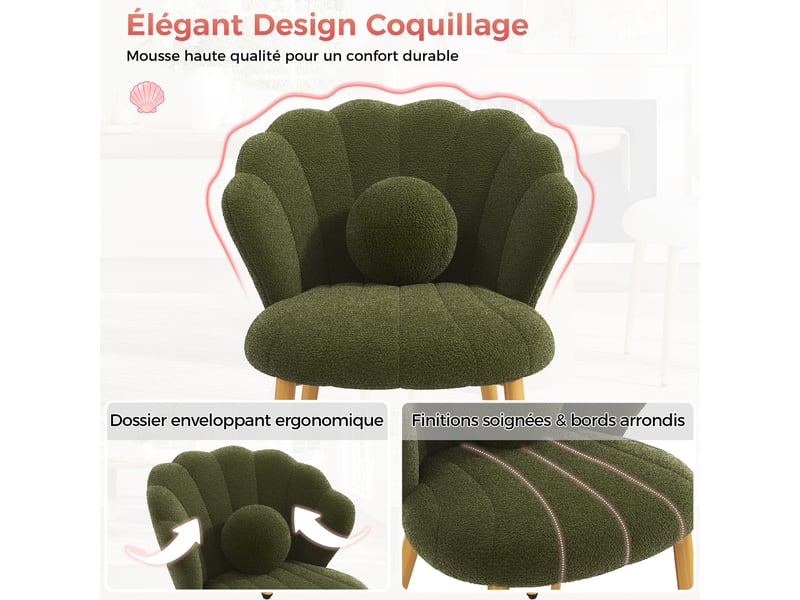 Lot de 6 fauteuils 60x62.5x83 cm tissu bouclé assise rembourrée dossier coquillage pieds en métal usage quotidien vert OPULERANE TRADING LTD - Conforama E