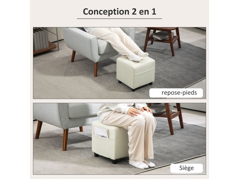  Repose pied salon, ottoman, siège rembourré capitonné en tissu aspect lin avec poche latérale, crème, 35 x 35 x 35 cm  - Conforama A