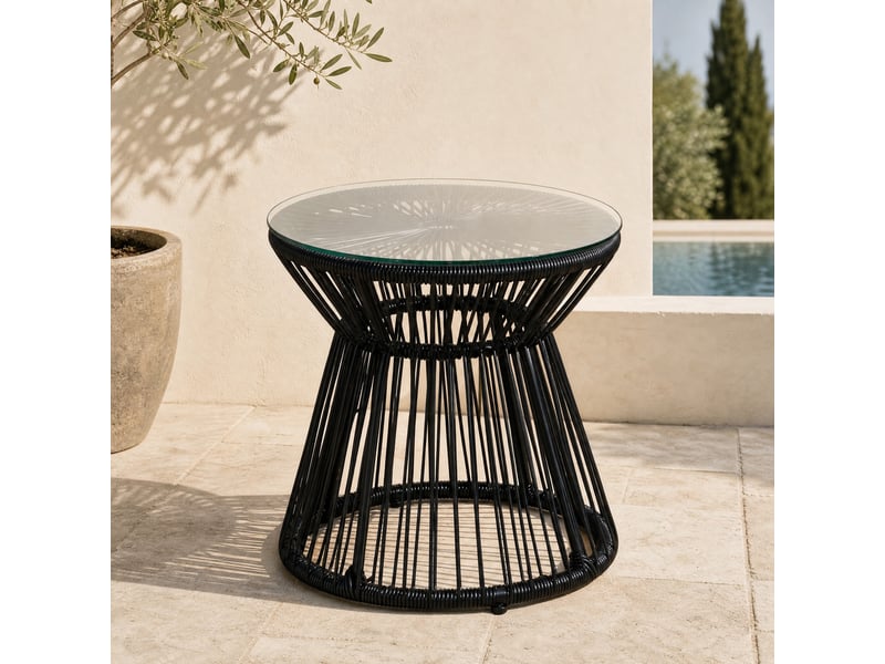 Table de jardin bistrot ronde avec plateau en verre trempé, métal et rotin pe noir, pour jardin et balcon, 40 × 40 × 42 cm - Conforama C