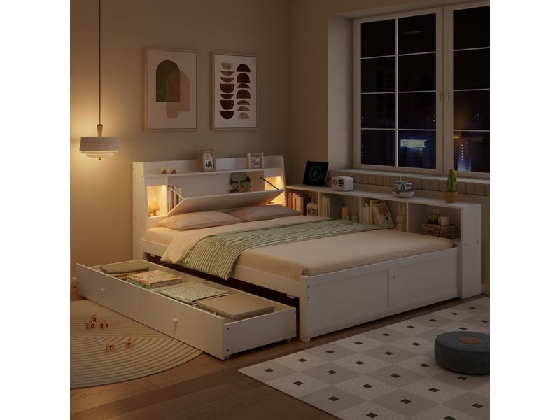  Lit avec rangement 140x200cm coloris blanc pin et mdf lit enfant blanc - Conforama E