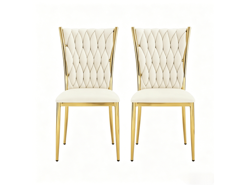  Lot de 2 chaises de salle à manger à dossier haut rembourré, pieds réglables en velours blanc crème et doré  - Conforama A