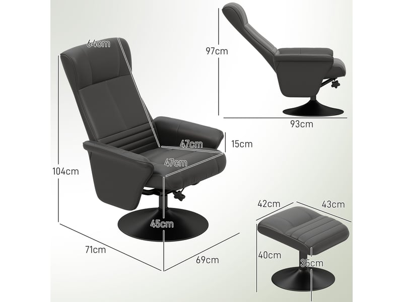 Fauteuil rembourré, fauteuil d'appoint avec repose-pieds, pivotant, ergonomique, aspect microfibre, jusqu'à 150 kg, noir  - Conforama E