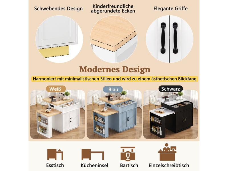  Table de cuisine éclairage led îlot de sur roulettes prises électriques intégrées usage buffet usage meuble d'appoint table de bar finition blanche  - Conforama E