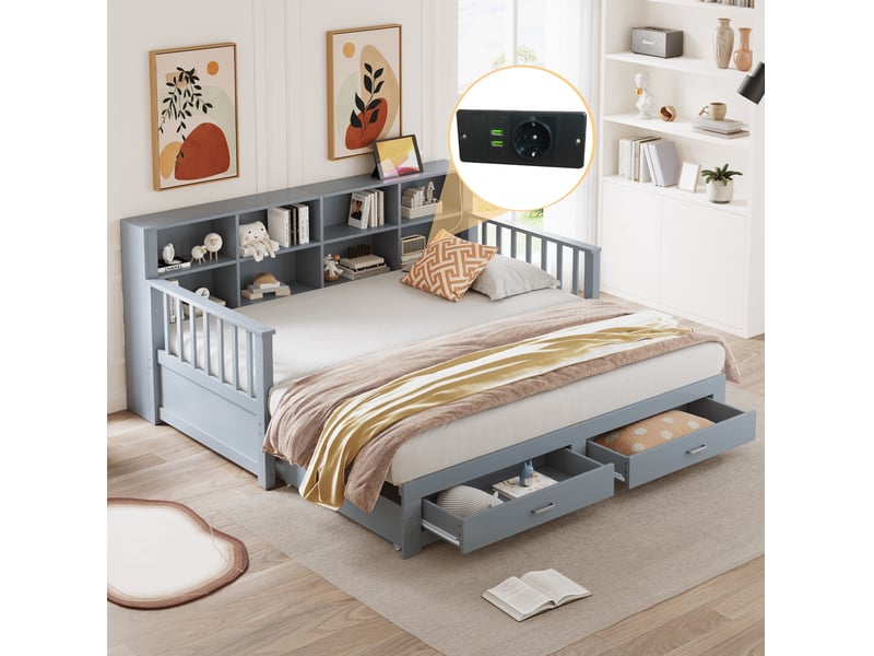  Lit banquette extensible 90x190 cm – gris – 2 tiroirs, rangements dosseret et prise intégrée - sans matelas  - Conforama B