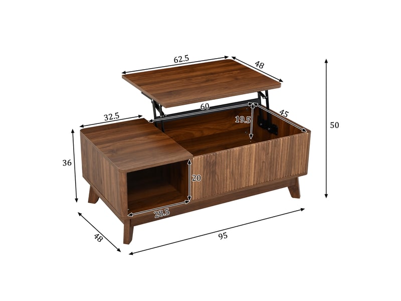  Table basse relevable, table de salon avec coffre de rangement et compartiment ouvert, en mdf style moderne 95x48x50cm, noyer  - Conforama E