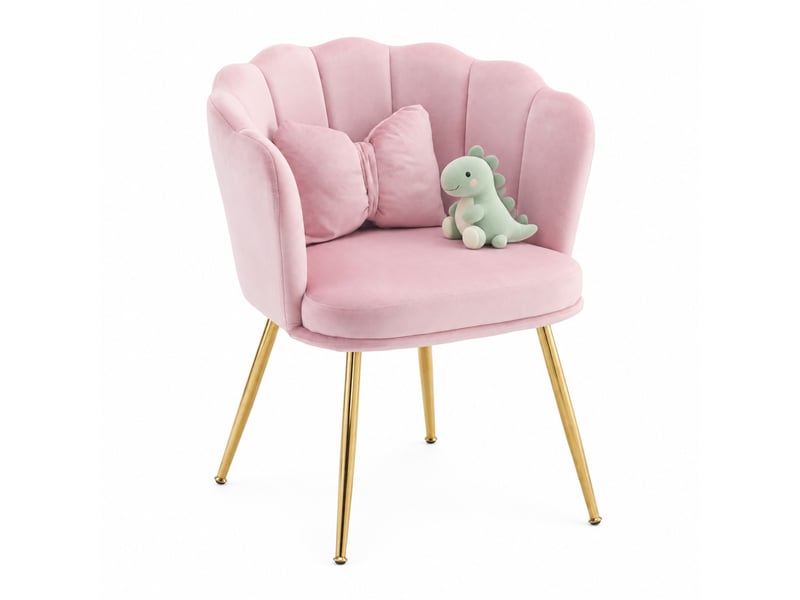 Fauteuil de salon design 63x58x77 cm, dossier pétale, coussin papillon, pieds en métal doré, velours rose - Conforama A