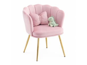 Fauteuil de salon design 63x58x77 cm, dossier pétale, coussin papillon, pieds en métal doré, velours rose