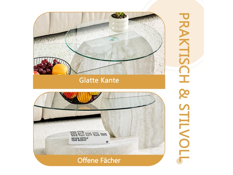  Table basse ronde à deux niveaux avec plateau en verre trempé - lpospi - rangement, mdf et verre gris clair  - Conforama E