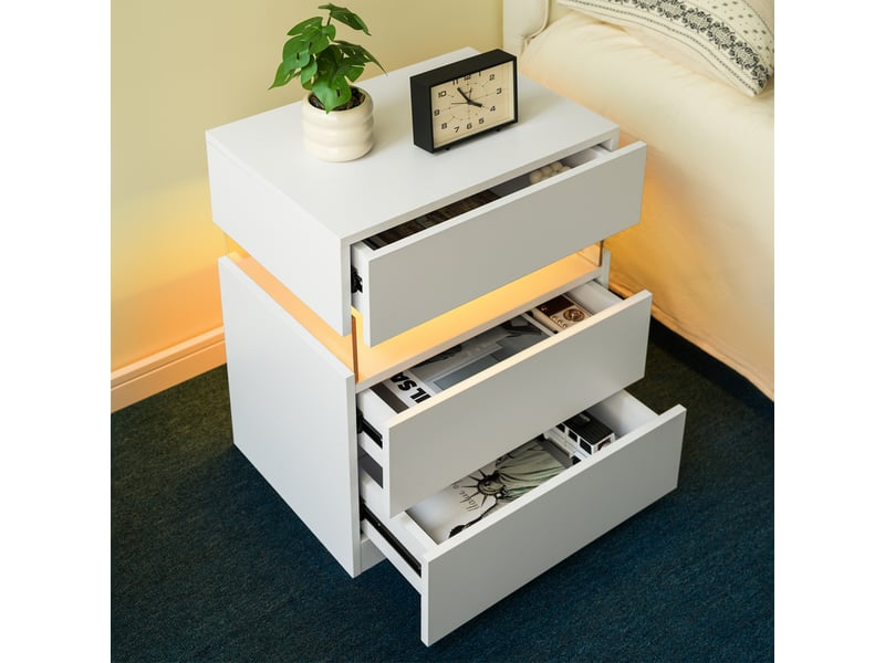  Table de chevet led blanche, 3 tiroirs, panneau acrylique, design moderne  - Conforama D