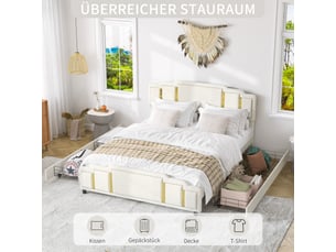 Lit coffre 160 × 200 cm 2 places avec 4 tiroirs, led 7 couleurs, sans matelas, en velours, beige