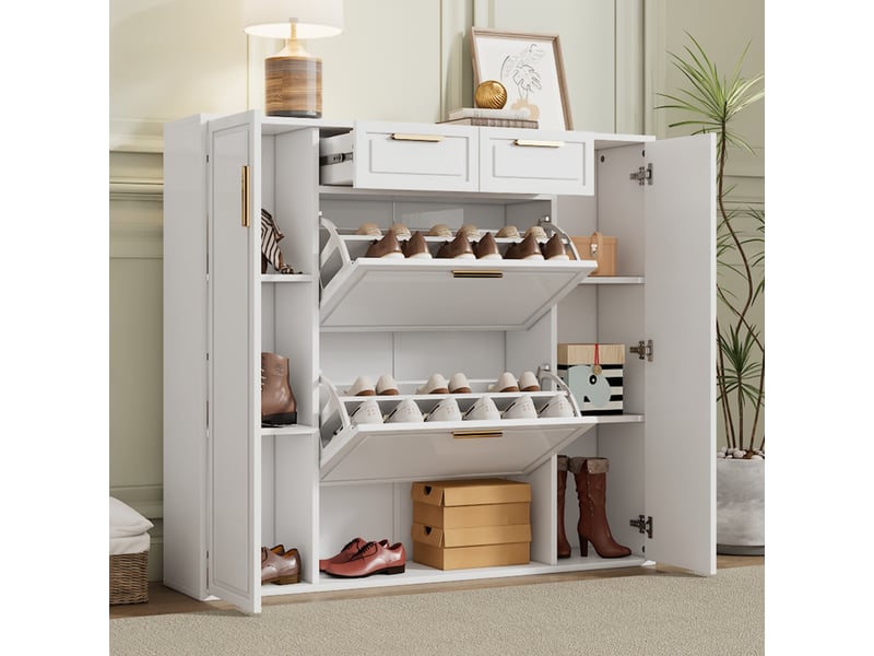  Meuble à chaussures moderne 120x24x107 cm avec 2 portes, 2 tiroirs, étages réglables - rangement 15 paires - entrée salon - blanc BrimViber - Conforama B