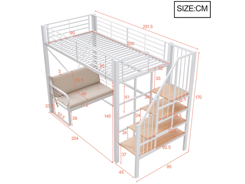  Lit superposé 90x200, lit mezzanine avec canapé déhoussable et escalier de rangement, cadre en métal blanc pour enfants et adultes  - Conforama R
