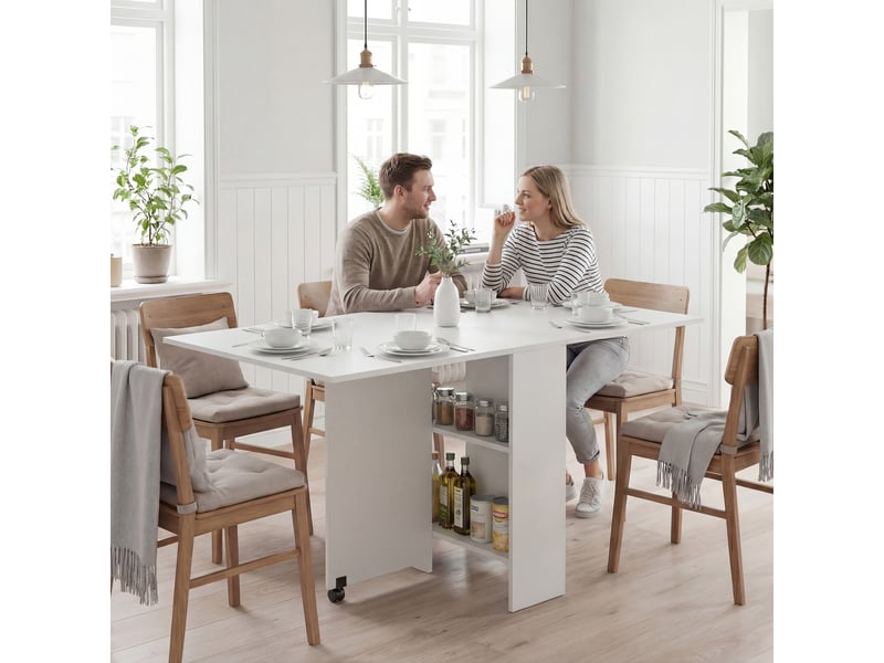  Table pliante de cuisine salle à manger amovible sur roulettes 75l x 140l x 74h cm blanc  - Conforama C