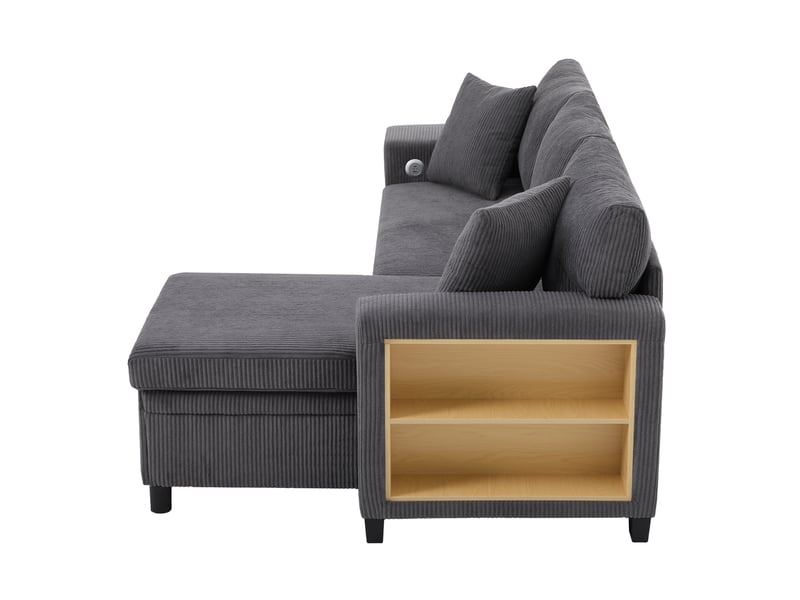  Canapé d'angle convertible 3 places en velours côtelé gris foncé avec rangement, usb et type-c intégrés  - Conforama E